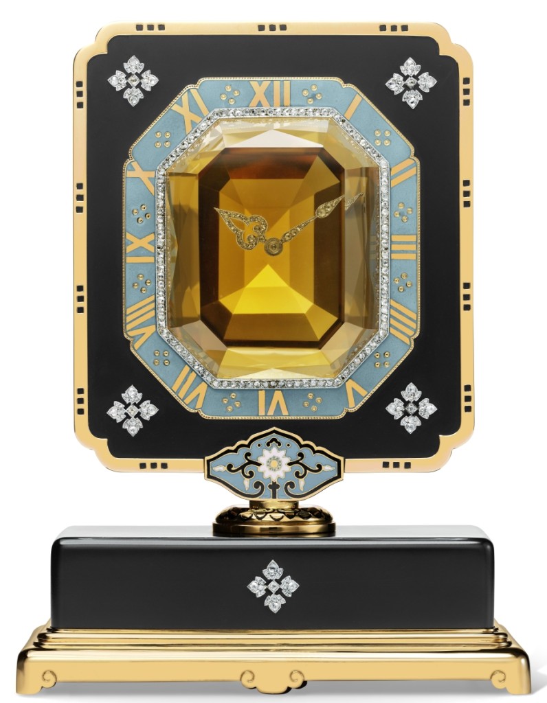 “Mystery” clock with single axle, Cartier, Paris, circa 1921. Owned by Anna Thomson Dodge. Gold, platinum, ebonite, citrine, diamonds and enamel. Cartier Collection.                 —Marian Gerard photo