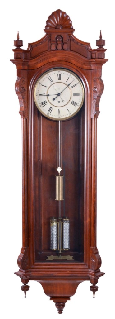 Schmitt’s catalog stated this was the first time in 38 years that the company had offered a Seth Thomas No. 19 jewelers hanging regulator in an uncommon cherry case. The description also noted that the mercury in the pendulum would require special handling. The circa 1886 clock finished at $17,250.