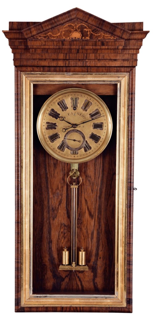 The auction’s top selling clock, at $141,600, was this 30-day hanging regulator made by Charles Fasoldt, while he was working in Rome, N.Y., about 1859. It was one of only two known clocks from Fasoldt’s early years in Rome. Made to the specifications of his 1859 patent escapement and unaltered, it is regarded as the best example known.