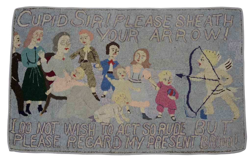 This hand-fashioned floor covering with its birth control message is among the unexpected artifacts on display. Beginning in the 1870s, condoms and other birth control devices appeared with some frequency in advertisements. Hooked rug, circa 1910–1940. Dorothy Hamilton Brush Collection, Sophia Smith Collection, Smith College.