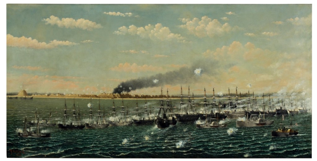 A clutch of bidders pursued “Bombardment of Fort Fisher,” $75,000 ($7/10,000), by Thomas F. Laycock (1840–1898). Large and captivating, this oil on canvas of 1888 depicts the Confederate port, the last to fall to Union troops in the Civil War, near Wilmington, N.C. The subject is well known from Endicott & Co.’s 1865 print of a related Laycock drawing.