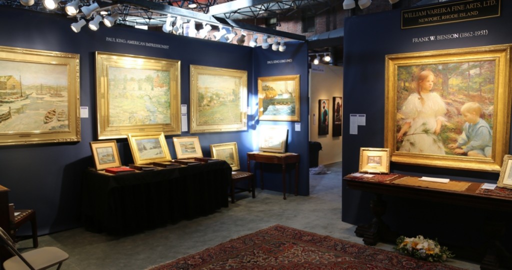 William Vareika Fine Art, Newport, R.I., showed a trio of American Impressionist painter Paul Bernard King’s works on the left wall. King painted all along the Northeastern seaboard, including Maine, French Canada and Pennsylvania. On the right, Vareika showed off a notable painting by Frank Weston Benson, “Children in the Woods.”