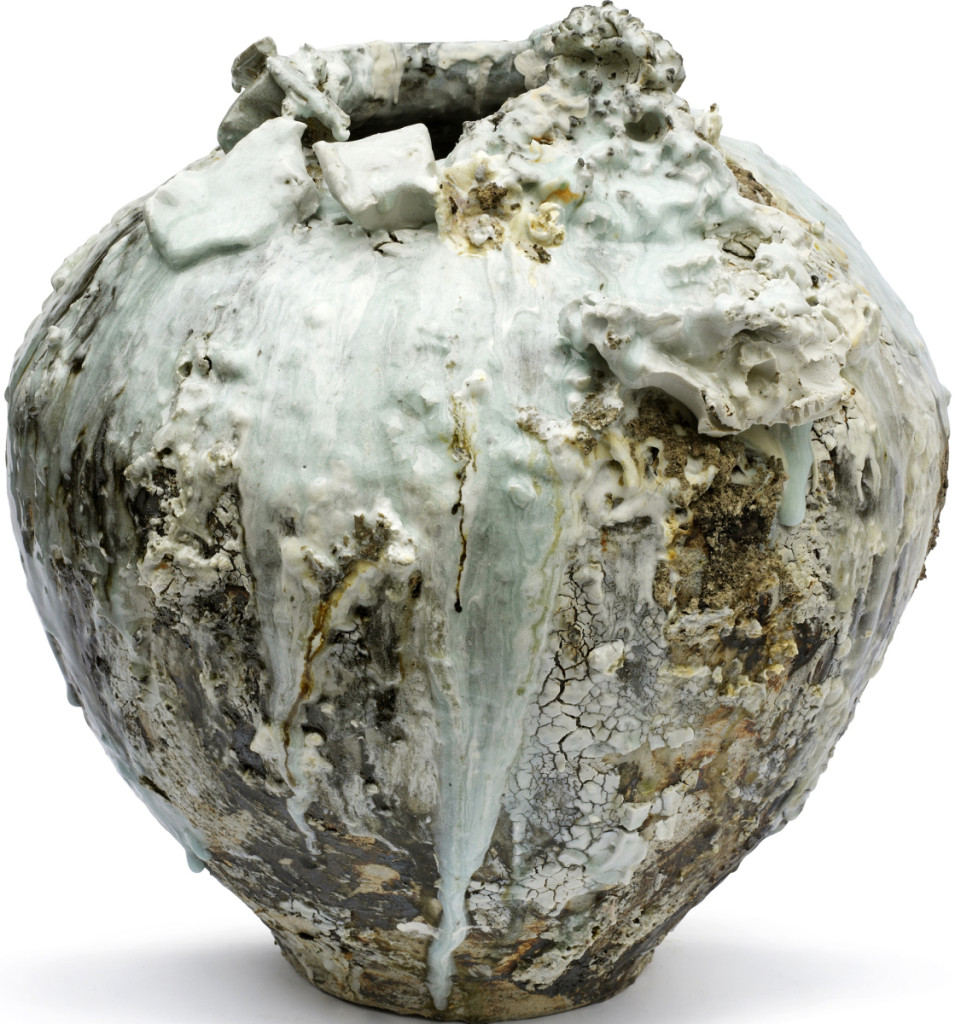 “Moon Jar” by Akiko Hirai, 2016. Stoneware, porcelain slip, paper fiber, wood ash and white glaze. Collection of Akiko Hirai, London.                             —Jon Stokes photo