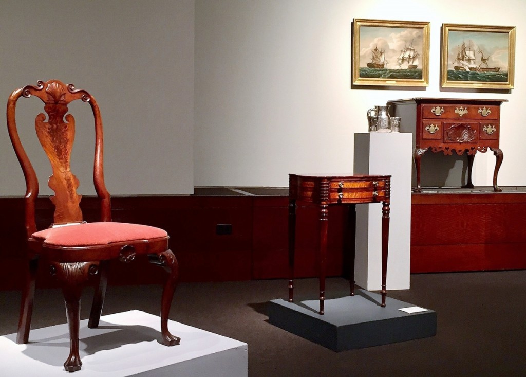 Christie’s September 20 Americana sale was a prelude for the its major sales in January. The auction’s top lot, left, was a compass-seat Philadelphia Queen Anne side chair. It sold to Bernard & S. Dean Levy for $137,500. The Boston Federal worktable took $26,250. Attributed to Michele Felice Corne (1752–1845), the pair of paintings, $25,000, depict historic battles between the United States and the Macedonian, and between the Constitution and the Guerrière. Below the paintings, the sale’s cover lot, a Philadelphia Queen Anne walnut dressing table, $106,250, is attributed to the Clifton and Carteret shop.