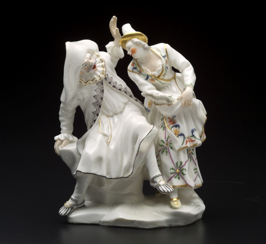 “The Doctor and Isabella” by Giuseppe Gricci, Italian, made by Capodimonte Manufactory, modeled circa 1750. Soft-paste porcelain with colored enamel and gilded decoration, height 5¾ inches. Museum of Fine Arts, Boston