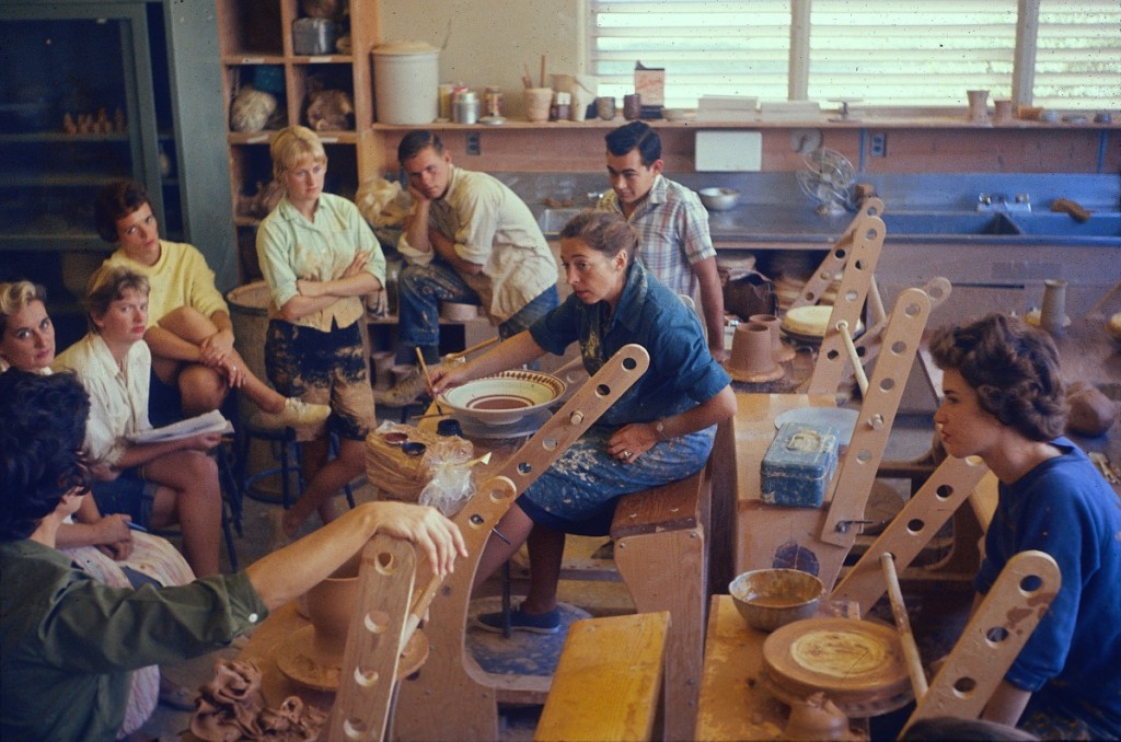Ruth is shown at center teaching majolica techniques to students at Sacramento State, circa 1960.
