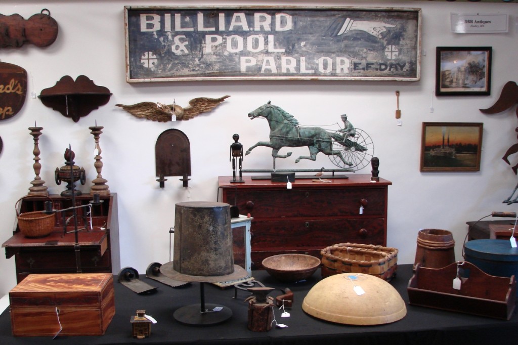 The Pool Parlor sign belonged to DRR Antiques, Hadley, Mich. The booth included weathervanes, early woodenware and more.