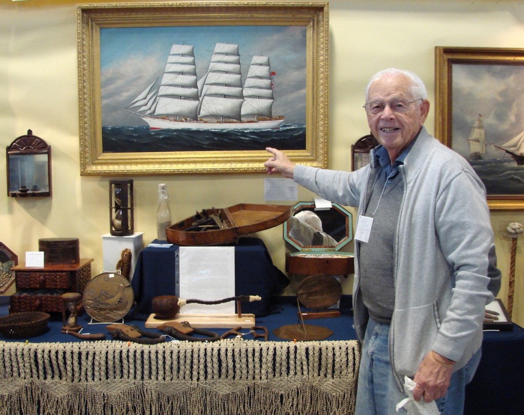 Justin Cobb, Captain’s Quarters Antiques, Amherst, Mass., was proud of a small group of items related to the windjammer Brunhilda. The group included a painting of the ship, another painting of the ship’s commander, Captain Green, his octant and a bottle of volcanic ash. Copies of letters relating to the ship’s 1877 voyage described sailing close to a volcanic island experiencing an eruption.