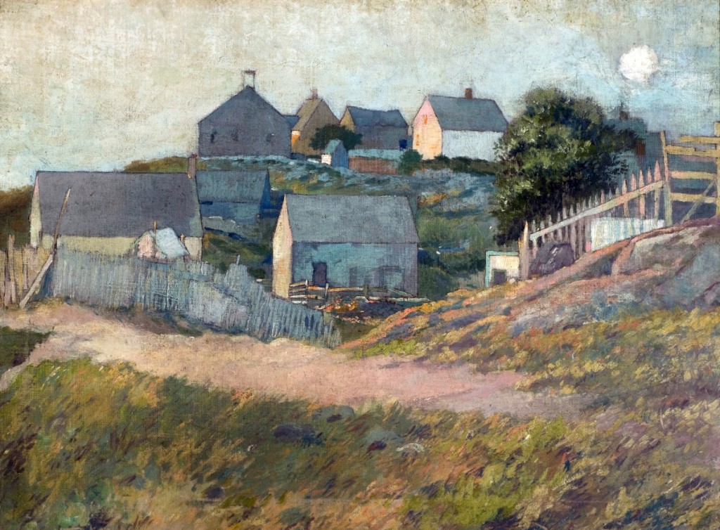 “Farmhouses on Monhegan Island,” undated, oil on canvas mounted on board, 18½ by 25 inches, anonymous gift.