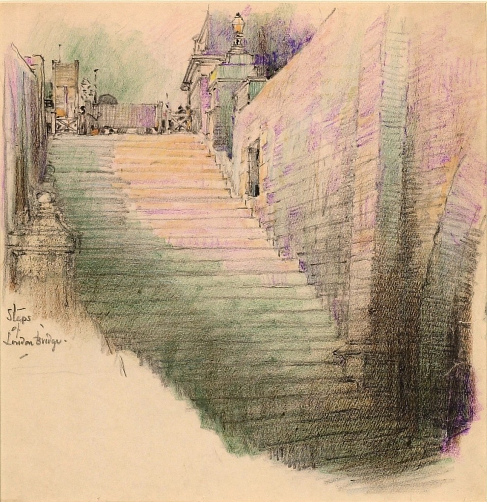 “Steps of London Bridge,” undated, crayon on paper, 11¼ by 10-  inches.