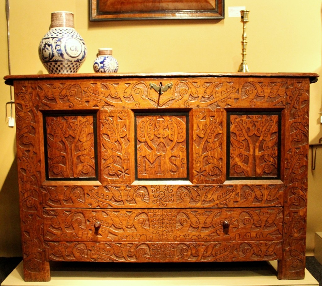 This was the first time we recall seeing a Hadley chest, the quintessential Deerfield-area furniture form, at the ADA/Historic Deerfield Antiques Show. It sold at Elliott and Grace Snyder Antiques. Unrecorded and fresh to the market, it is initialed “MS,” retains its original lid and dates to circa 1700–10.
