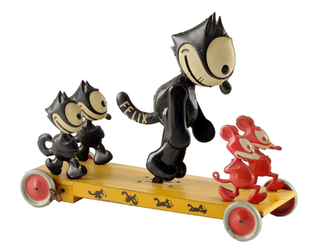 The top lot was a large Felix the Cat, Felix Frolic Platform toy, measuring 13¼ by 10¾ by 14 inches, in lithographed tin. The central Felix is 9 inches tall, the two small Felix figures are 5 inches tall, and the red mice are 4 inches tall. Windup works and Felix moves his legs when the toy operates. Copyrighted by Pat Sullivan, Nifty trademark and made in the United States by J. Chein. This toy is one of only four known examples, and this ultimate Felix toy “should be considered one of the top ten comic character tin toys of all time.” The provenance lists Gary Selmonsky Collection, excellent condition and it sold over the $40,000 high estimate for $44,500.