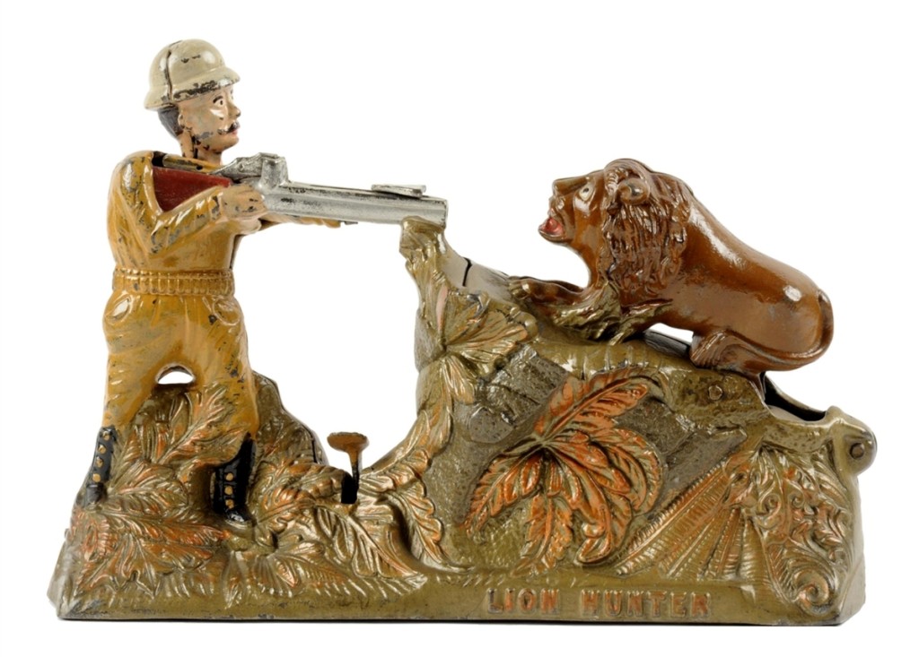 Falling in the middle of the estimate was Lion Hunter cast iron mechanical bank by J&E Stevens, selling at $10,445. This bank, patented 1911, was in near mint condition and from the F.H. Griffin Collection.