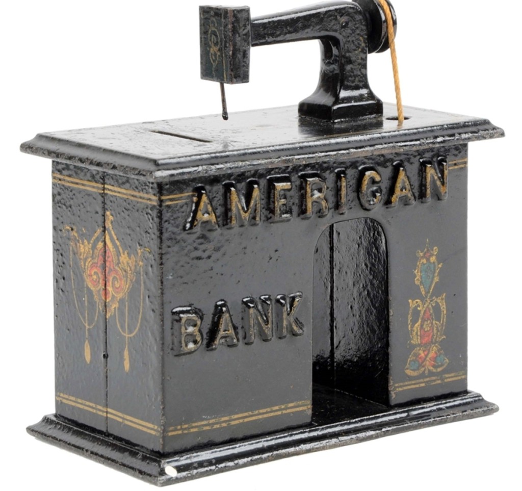 Lot 307, the American Sewing Machine mechanical bank, filled one full color page in the catalog. Measuring 6 by 5½ inches and in near mint condition, it sold for $17,220, within estimate.