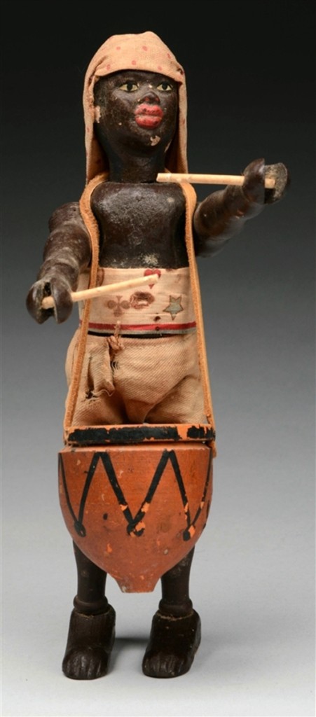 This Schoenhut African Safari Native Drummer, 8 inches tall, in all original condition, is from the Teddy Roosevelt Safari Grouping, manufactured by the Schoenhut Toy Co. during the early part of the Twentieth Century. The figure is dressed in his native garb with original drumsticks in both hands. The overall condition is very good and the piece sold well over the high $1,250 estimate, bringing $4,128.