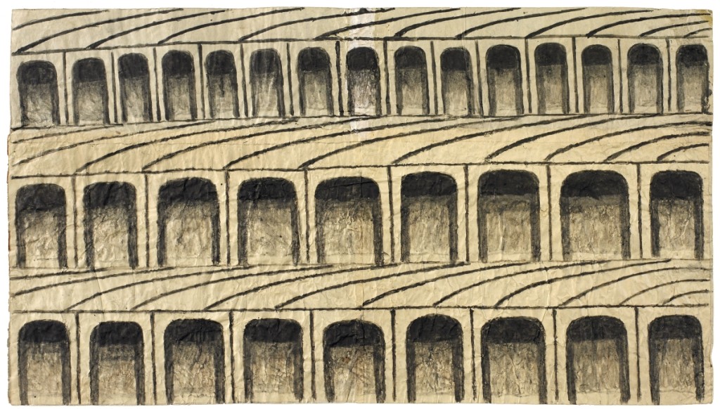 Untitled (Arches), circa 1960–63, gouache and graphite on pieced paper, 11½ by 20½ inches.