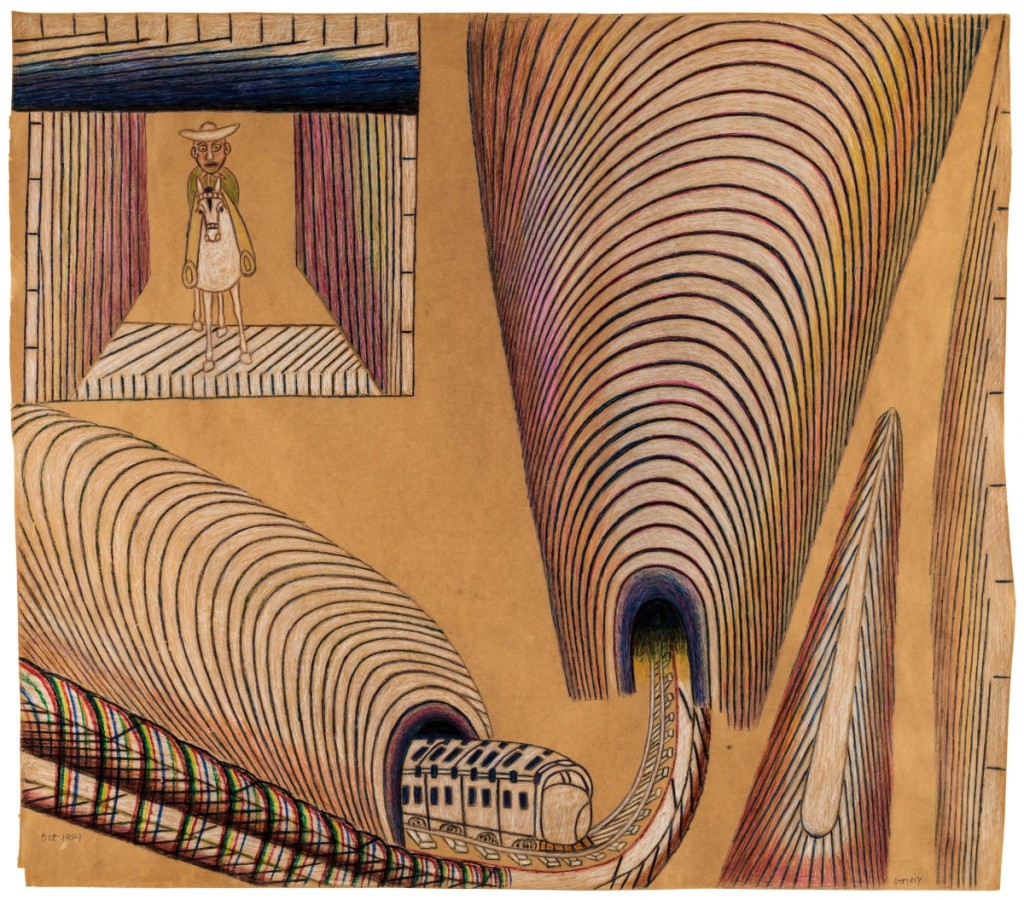 Untitled (Train and Tunnels), 1954, pencil, colored pencil, crayon and watercolor on paper, 36 by 41¼ inches.