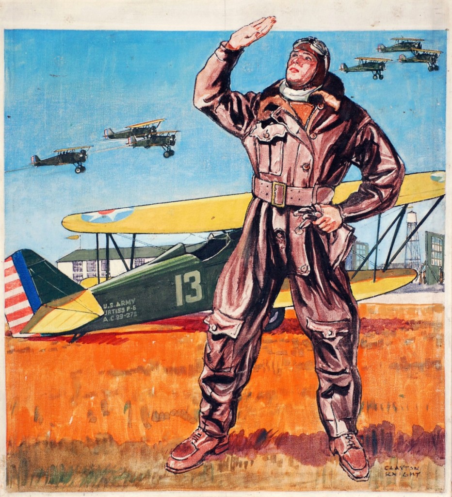 This painting of an American pilot with the US Army’s 94th Aero Squadron, by aviation artist Clayton Knight, was used on the April 1931 cover of American Boy. Knight, a former World War I pilot with the US Army Signal Corps, created a large portfolio of aviation scenes both during and after the War, providing a glimpse into the daily lives of pilots. Courtesy Museum of Illustration at the Society of Illustrator.