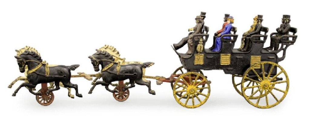 Among the horse-drawn toys was this Four Seat Brake by Hubley Mfg, Lancaster, Penn., circa 1906 and measuring 29½ inches long. It is in excellent to pristine condition, retains all of the eight original figures, cast iron and brass, and sold just under the $15,000 high estimate for $13,200.