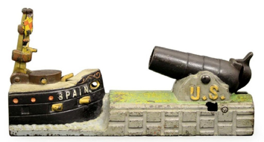 J&E Stevens of Cromwell, Conn., made this US and Spain mechanical bank, cast iron, pristine, that sold for $12,000, over the $10,000 high estimate. When the war broke out in the spring of 1898, Stevens raced to market with this clever image of the conflict.