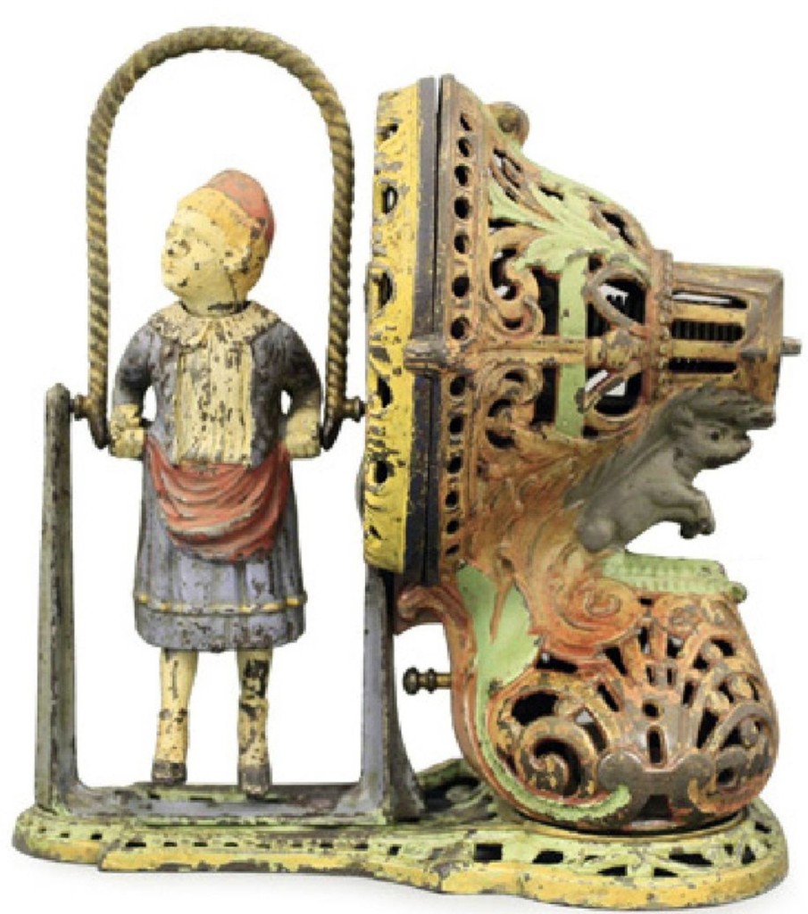 This young lady skips ten times when activated with a coin placed in the squirrel’s mouth. This example, cast iron and in fine condition, is a product of J&E Stevens Co, Cromwell, Conn., circa 1890, and it is considered “The Holy Grail for bank collectors.” This one just cleared the high estimate, selling for $10,800.