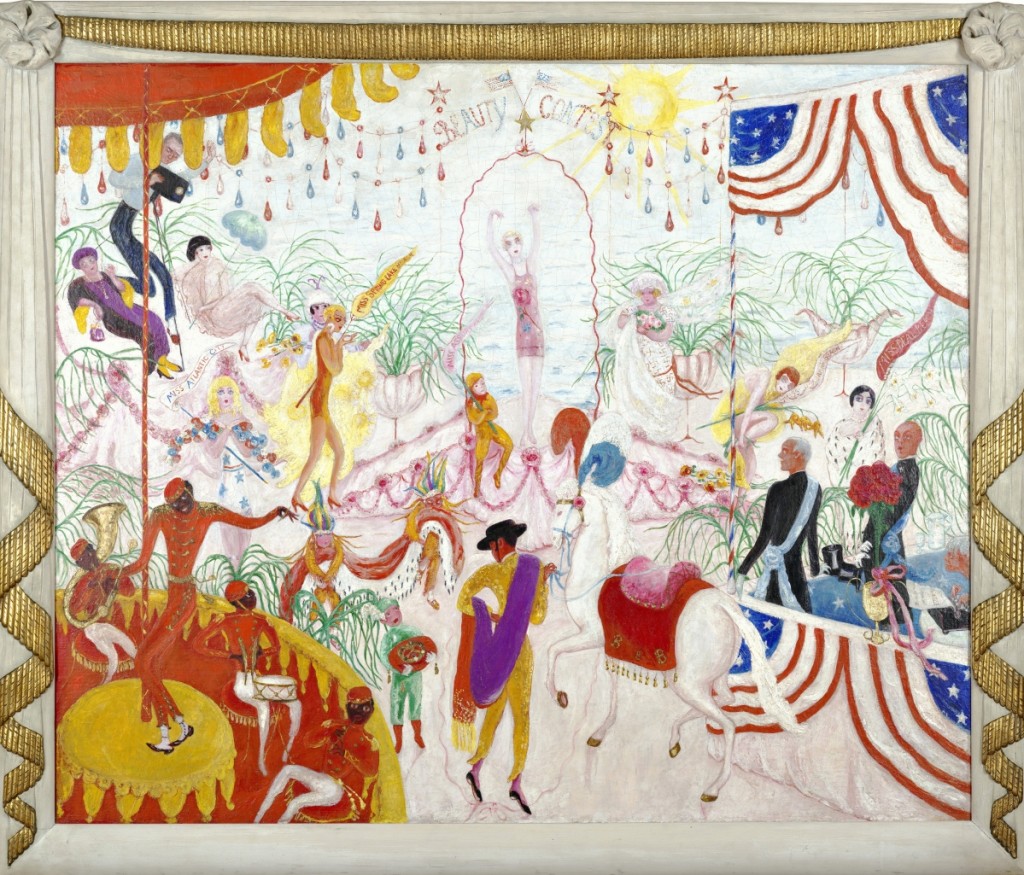 “Beauty Contest: To the Memory of P.T. Barnum,” 1924. Oil on canvas. Wadsworth Atheneum. The exultant winner of this fantastical beauty contest is Miss Asbury Park, perhaps reflecting Stettheimer’s — and her friends’ — fondness for the place. Documenting the scene from the upper left is photographer Edward Steichen, a friend and fellow rabble-rouser.