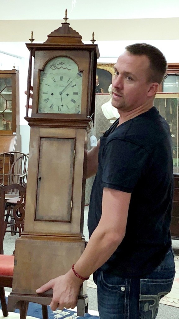 This Federal mahogany dwarf clock with repairs and restorations sold in the middle of its estimate for $8,400. Its painted dial is marked with the name of Hingham, Mass., clockmaker Joshua Wilder (1786–1860).