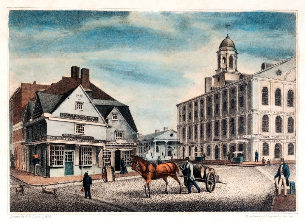 “View of the Old Building at the Corner of Ann St., Boston, Mass.,” drawn by F.H. Lane, lithograph by Pendleton’s Lithography, Boston, 1835. Boston Athenaeum