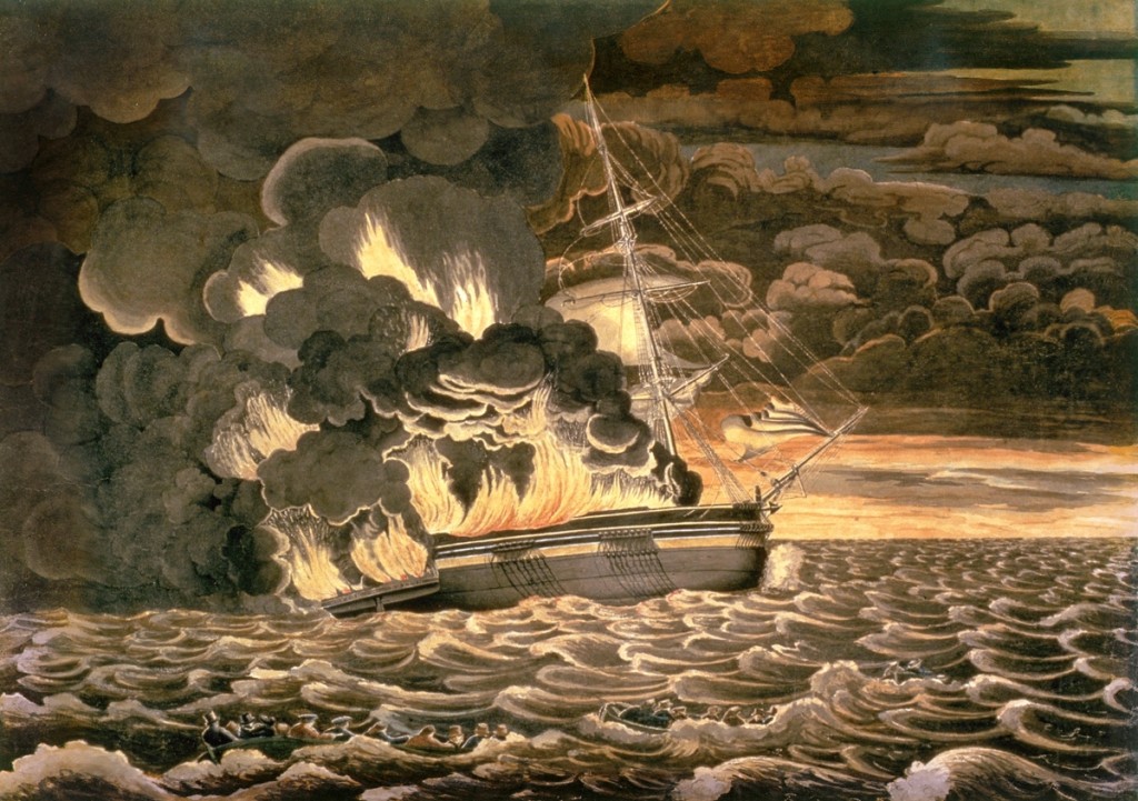 “Burning of the Packet Ship Boston” by Fitz Henry Lane, 1830. Watercolor on paper. Cape Ann Museum