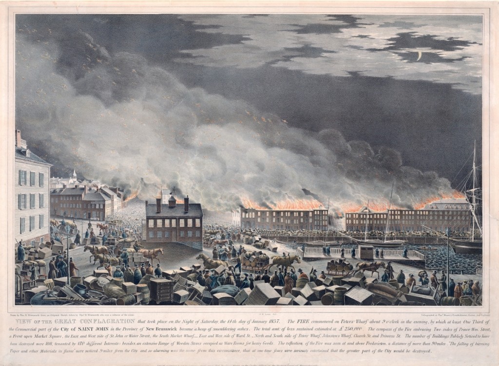 “View of the Great Conflagration that took Place on the Night of Saturday, 14th January 1837,” drawn by William H. Wentworth from an original sketch by Thomas H. Wentworth; redrawn by F.H. Lane; lithograph by Thomas Moore’s Lithography, Boston, 1837. Boston Athenaeum