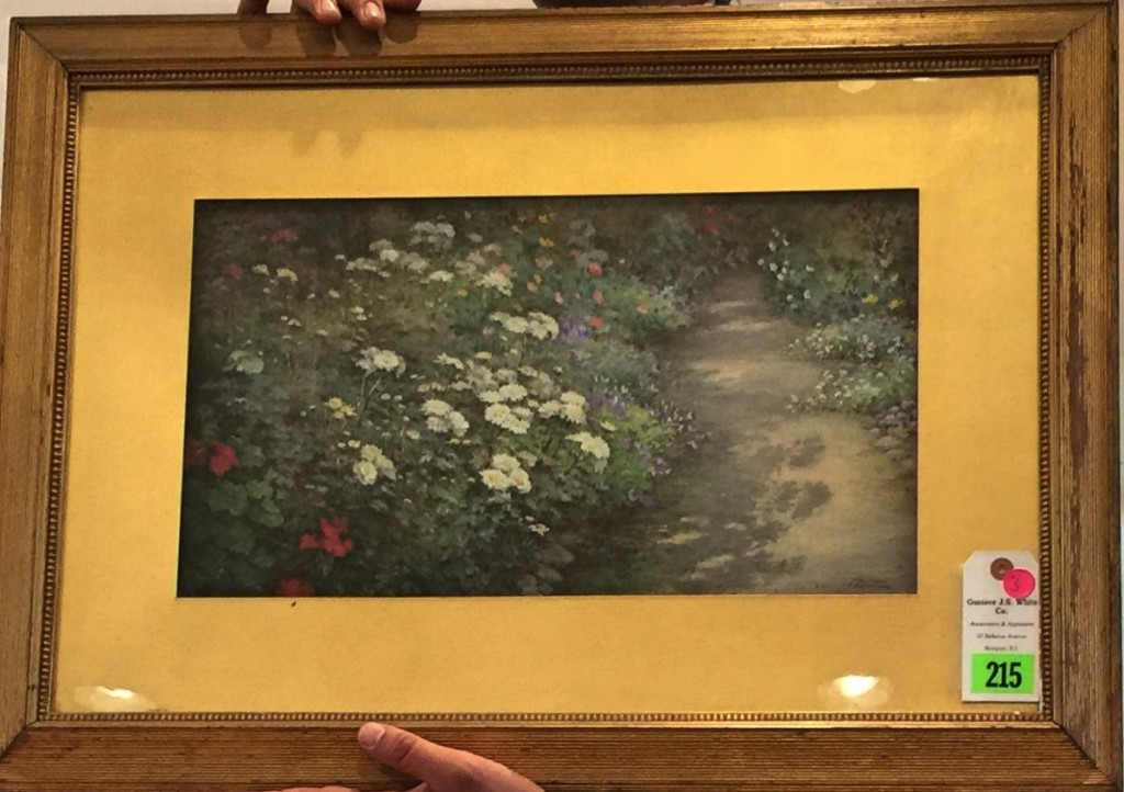 Fidelia Bridges (1834–1923), who was a friend of Richards, painted this watercolor, which measured 10½ by 18½ inches. It was signed “F. Bridges, 1902.” Bidding opened at a strong $5,000, with four bidders competing, and quickly escalated to the selling price of $24,000, to a buyer on the phone.