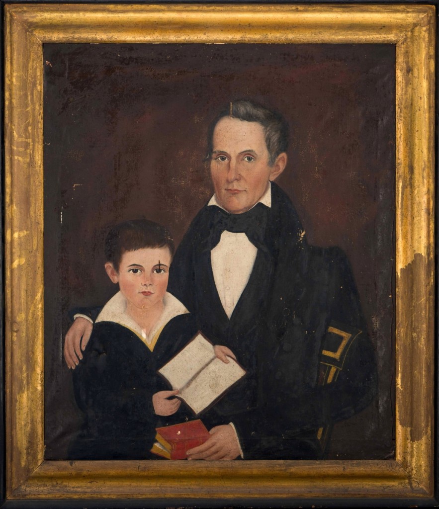 This image shows “Captain Thomas Trent Jr and his son William Henry Trent” before conservation. Painting by Samuel T. Taylor (circa 1800–46), Appomattox County, Va., 1837. Oil on canvas. Gift of Thomas R. Terry in memory of Joseph B. and Mary Featherston Terry, 2002.