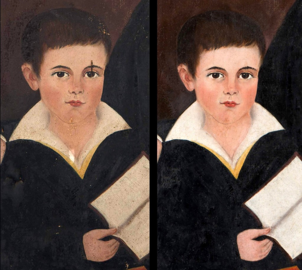 Pre- and post-conservation details from Samuel Taylor’s 1837 portrait of Captain Thomas Trent Jr and his son William Henry Trent.