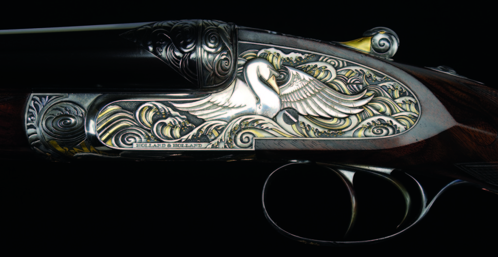 Selling for $120,750, this Holland and Holland “Royal” hammerless ejection shotgun was known as the “swan gun” because of the unique high-relief engraving by Rashid El Hadi. He was a self-taught engraver, born in the Sudan, and was considered one of the finest craftsmen in the field.