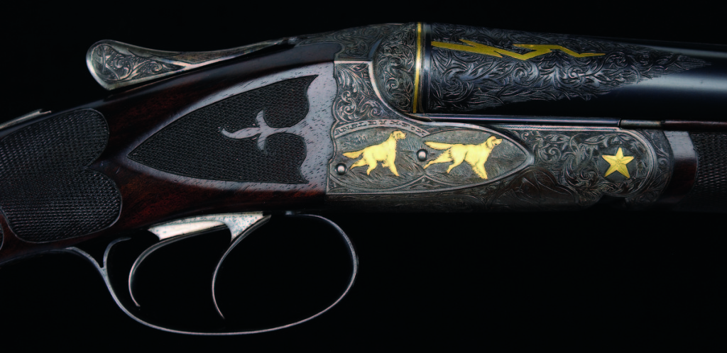 Shotguns did very well, and selling for $166,750 was an A.H. Fox 20 gauge “FE” shotgun with gold inlays, one of only three known to exist. The gun is heavily engraved and there are four gold inlaid pointers and setters.