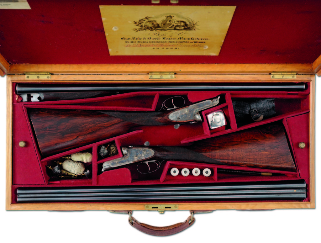 Made for socialite Mrs Dodge Sloan, this cased pair of 16-gauge sidelock ejector, double trigger light game shotguns were made by Boss and Co., circa 1928. The set brought $155,250.