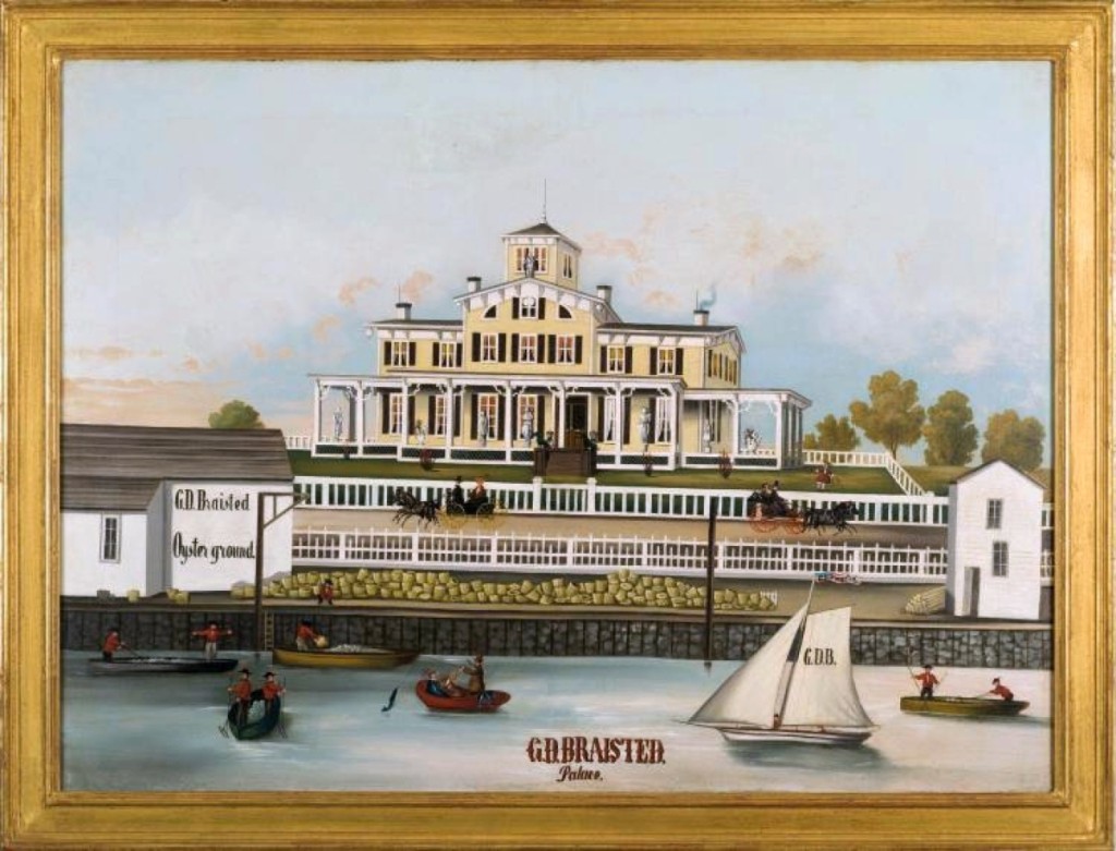 One of the highest prices of the sale, $49,200, was achieved by a brightly colored mid-Nineteenth Century oil depicting the “G.D. Braisted Palace and Oyster Ground.” The site was probably on the east bank of the Hudson river in upper Manhattan.