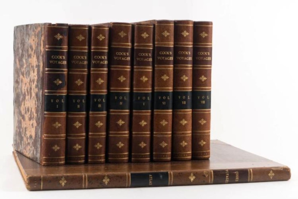 An eight-volume set of reports of Captain Cook’s voyages, plus a folio-sized volume of engravings and maps, earned $19,200. The leather-bound volumes were in fine condition and each report was a first edition, published between 1773 and 1784.