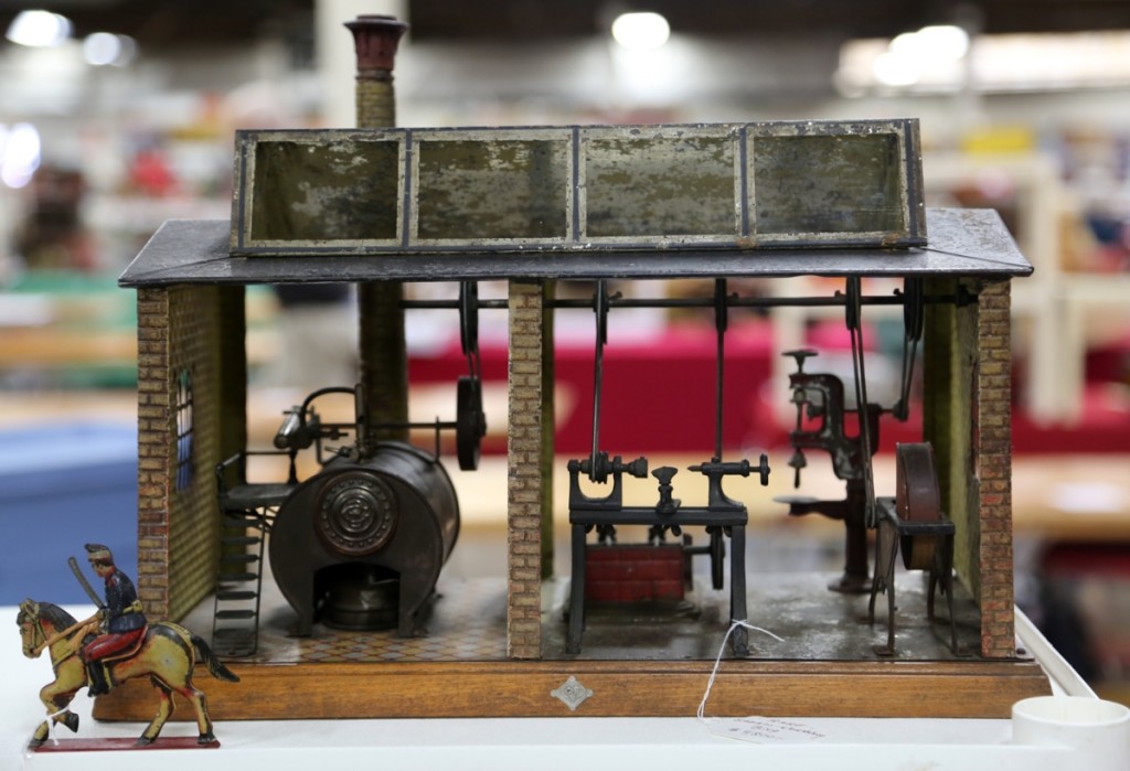 Rich Garthoeffner, Lititz, Penn., brought a Bing Works tin steam plant workshop, with litho and hand paint and a live steam engine inside.