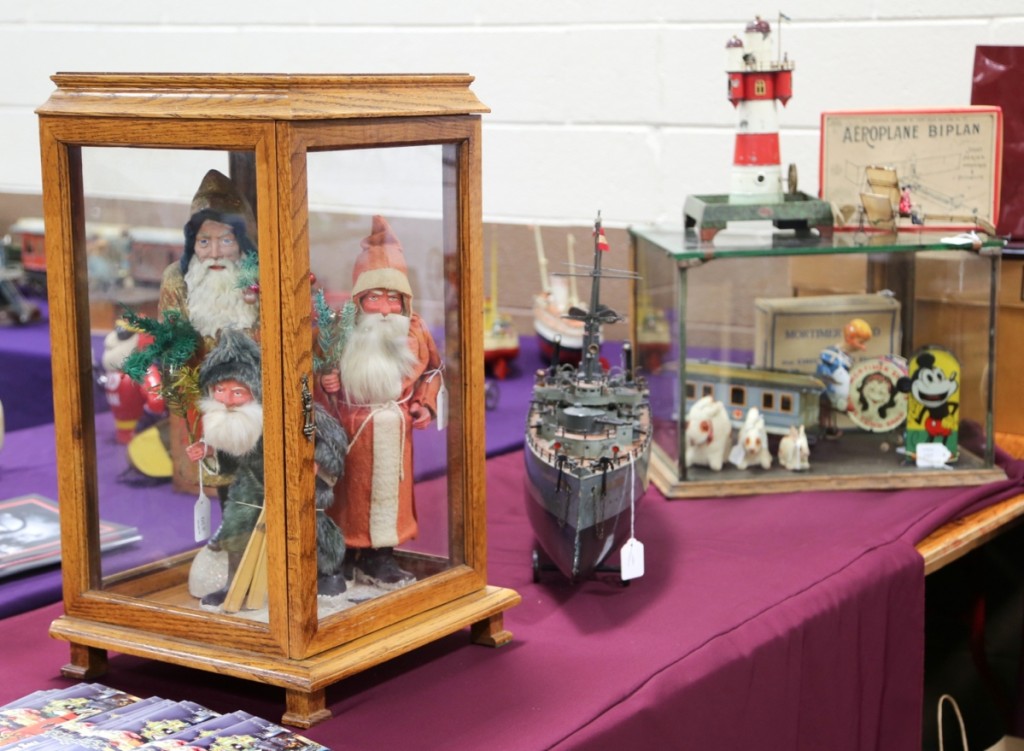 Shown here in Bertoia Auctions’ booth were a number of Santa figures and the Marklin Battleship Sankt Georg, which brought $192,000 in the firm’s November 11–12 sale.