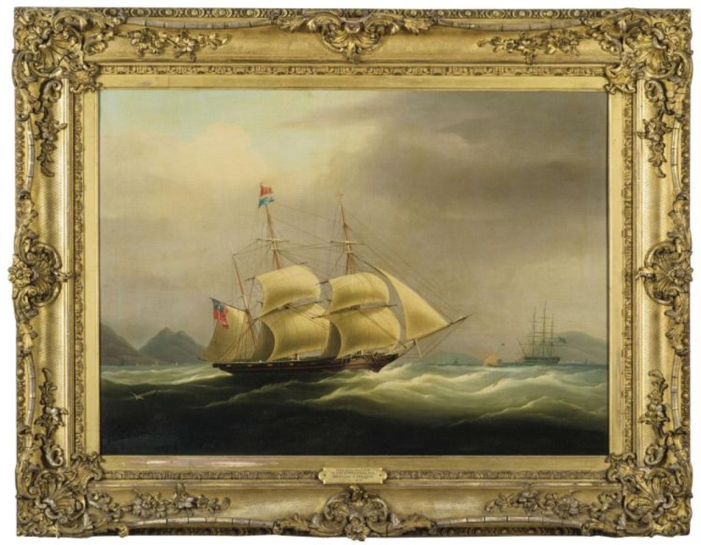 The highest price of the marine paintings was earned by a painting of the famous clipper ship Red Rover in the South China Sea, painted by William J. Huggins. It finished at $44,400.