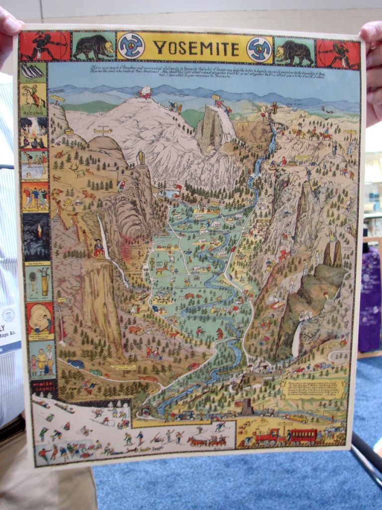 Stephen Hanly, Bickerstaff Books, Maps, & C., Scarborough, Maine, brought a colorful tourist map of Yosemite, showing people on horseback, several bears and Indians, and it depicted many of the sites of interest. —ABAA Boston Book Fair