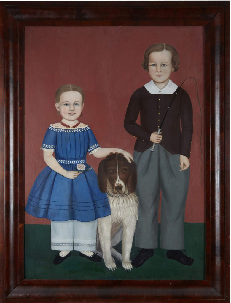 This double portrait, circa 1850, nearly tripled its low estimate to sell for $112,500, becoming the auction’s top lot. Depicted are Ella Jane  and Granville Parks of Woburn, Mass., with their dog. The work is attributed to Massachusetts folk artist Samuel Miller (1807–1853).