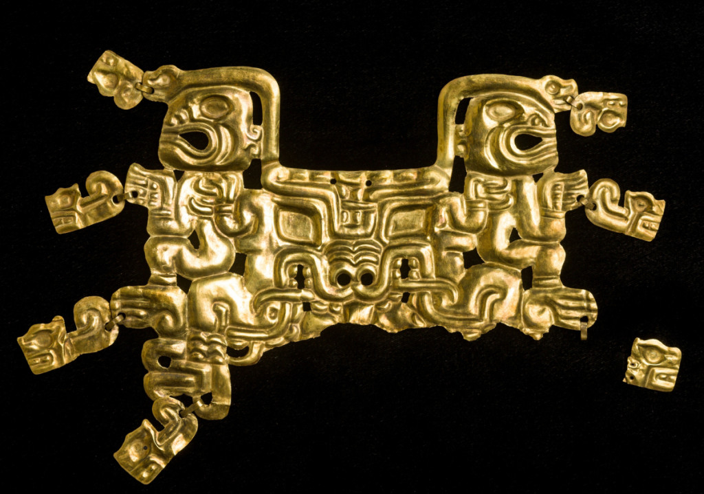 Mouth mask with feline creature and human figures, Cupisnique/Chavín, 800–550 BCE. Gold, 5¾ by 8-  by   inches. Museo Kuntur Wasi, San Pablo, Peru, Ministerio de Cultura del Perú.