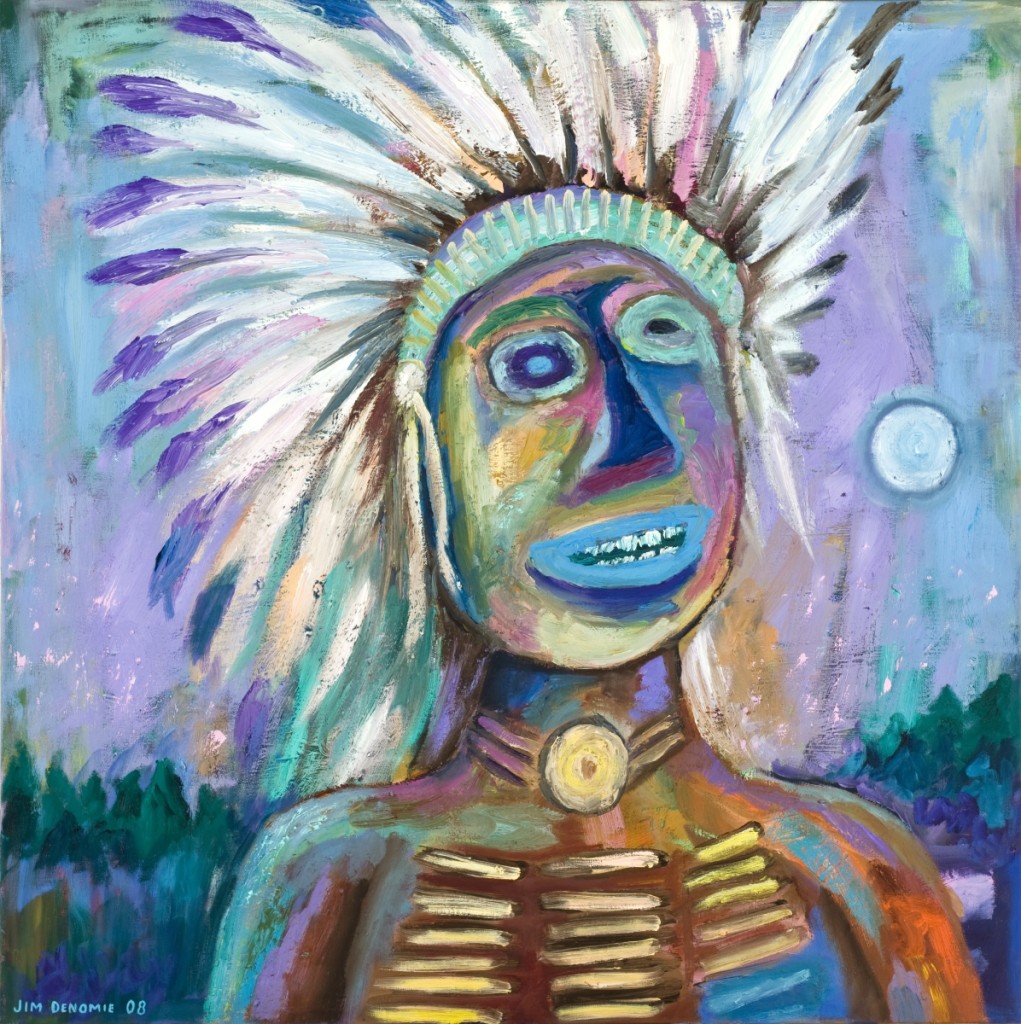 “Blue Eyed Chief” by Jim Denomie (Ojibwe, b 1955), 2008, oil on canvas. Museum purchase: Eiteljorg Fellowship.