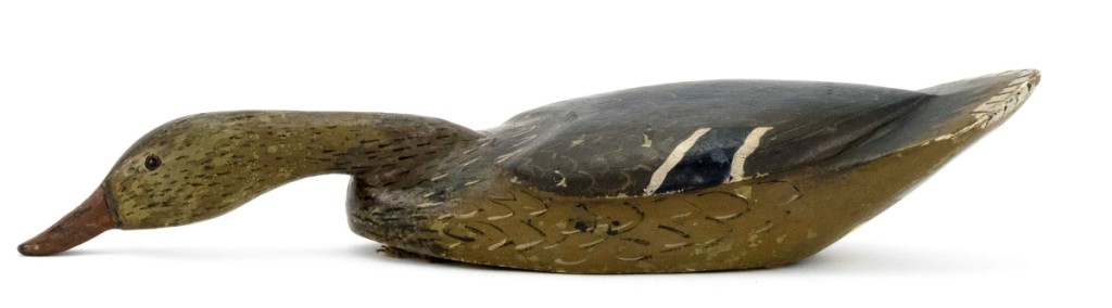 The best performing decoy in the sale was a mallard hen by noted Louisiana carver Mitchel LaFrance, chased by multiple bidders to a final price of $14,400, far over its $3/5,000 estimate.