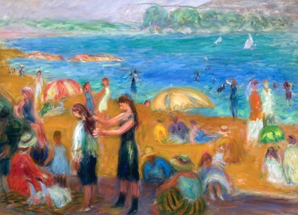 “Bathers” by William Glackens (1870–1938), unsigned oil on board, 16½ by 22-5/8  inches. A handful of prominent galleries handled this work, sold by Alexander Galleries to Richard Manoogian. Shannon’s top lot, it crossed the block at $187,500 ($250/350,000).