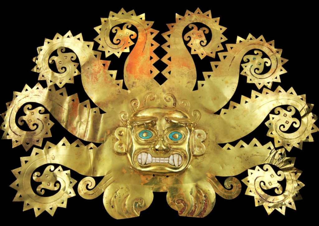 Octopus frontlet, Moche, 300–600. Gold, chrysocolla, shells; 11 by 17 by 1¾ inches. Museo de la Nación, Lima, Peru, Ministerio de Cultura del Perú.