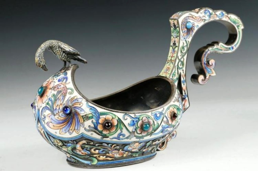 A late Nineteenth Century marked silver and cloisonné enameled kovsch was one of several fine pieces of Russian enamel and finished near the high estimate, at $23,400.