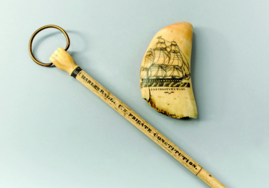 The top lot of the sale, bringing $49,200, was this scrimshawed whale tooth accompanied by a whalebone cane. The cane was inscribed “Charles Ball, US Frigate Constitution” and “Bay of Callao, July 4 1841.” The tooth depicted the ship on one side and a spread-winged eagle over a polychrome shield on the other side.